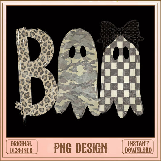 Boo Ghost Halloween PNG, Leopard Camo Checkered Ghost, Halloween PNG