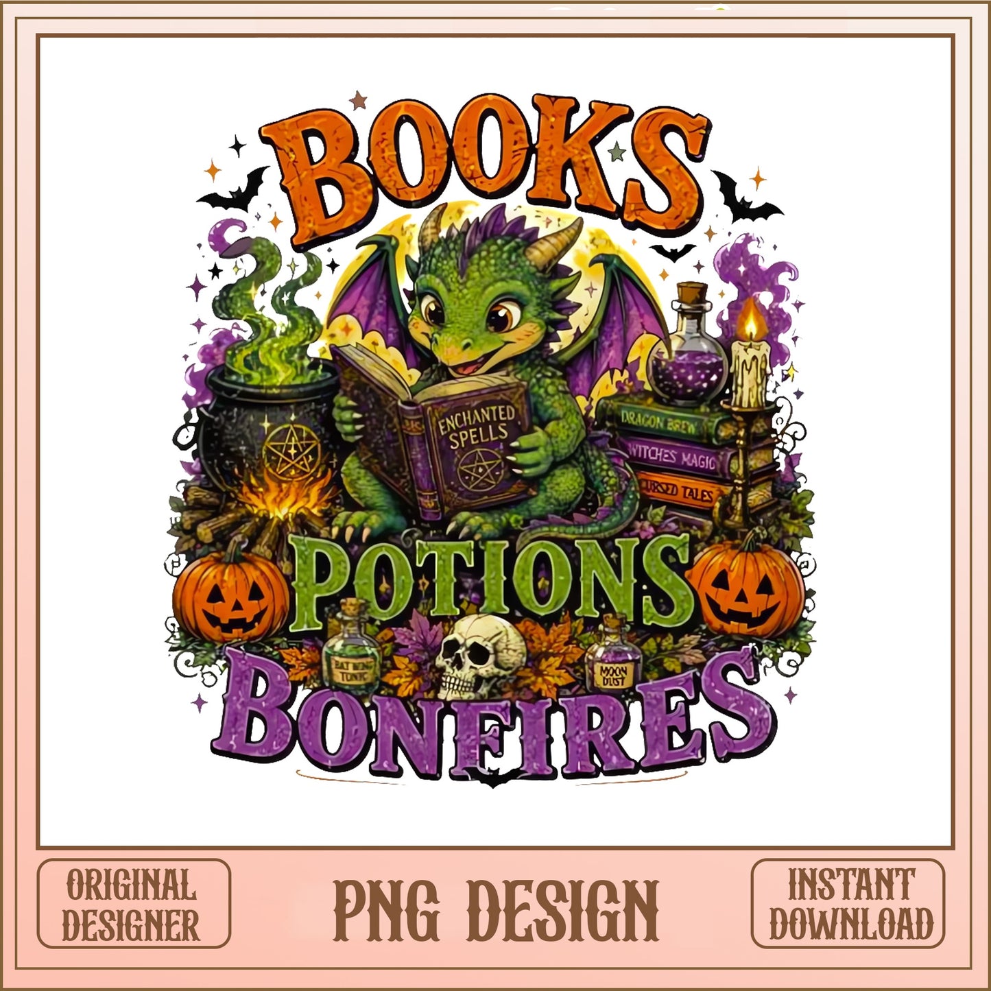 Books Potions Bonfires PNG, Halloween Dragon Witch PNG, Spooky PNG