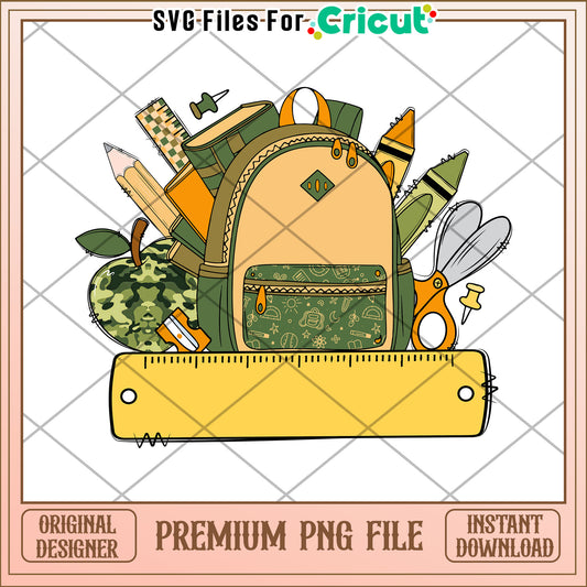 Boy's backpack design png, fun school essentials png, first day of school png