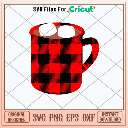 Buffalo Plaid Hot Cocoa Cup With Marshmallow Svg-Svgfilesforcricut