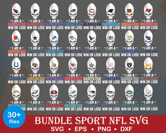 I am a nfl win or lose bundle svg, all 32 nfl football team logos​ svg