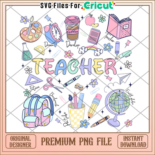 Busy teacher cute design png, fun school essentials png, first day of school png