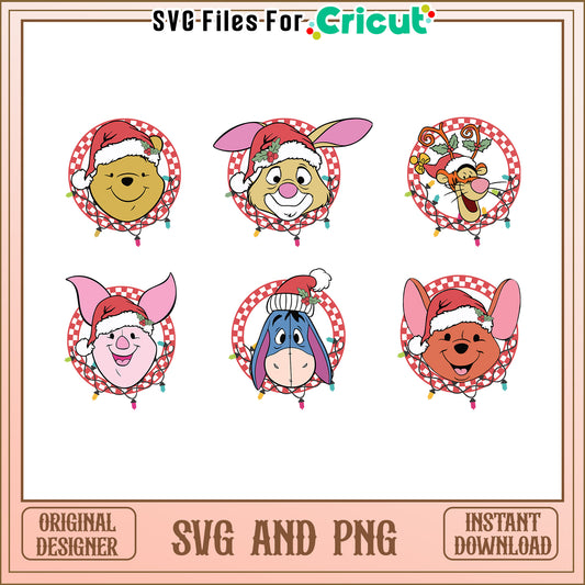 Pooh friends santa hat christmas bundle svg, winnie the pooh christmas svg