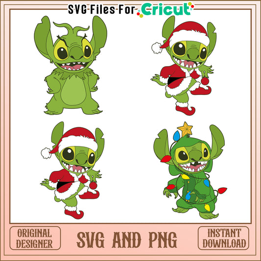 Stitch grinch santa christmas bundle svg, stitch christmas​ svg