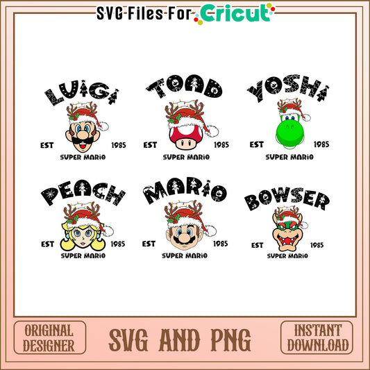 Mario characters est christmas bundle svg, mario christmas​ svg