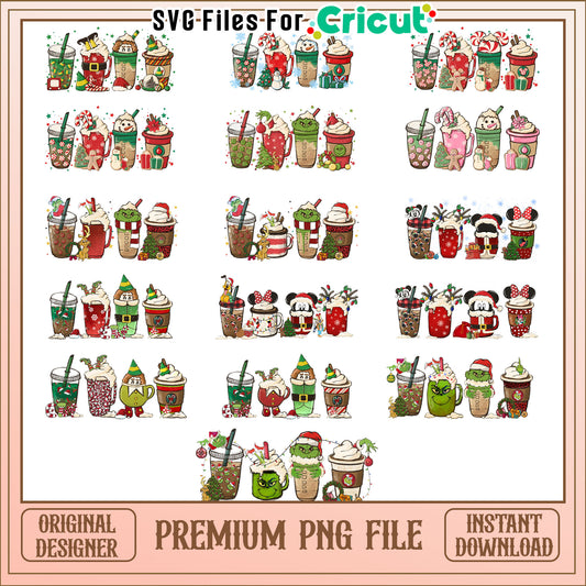 Christmas disney coffee cup bundle png, grinch coffee cup​ png