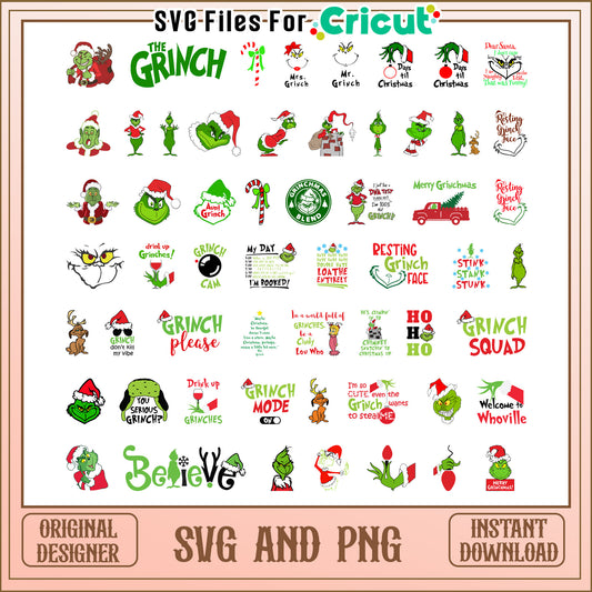 the grinch santa hat bundle svg, grinch christmas svg, grinch santa hat svg