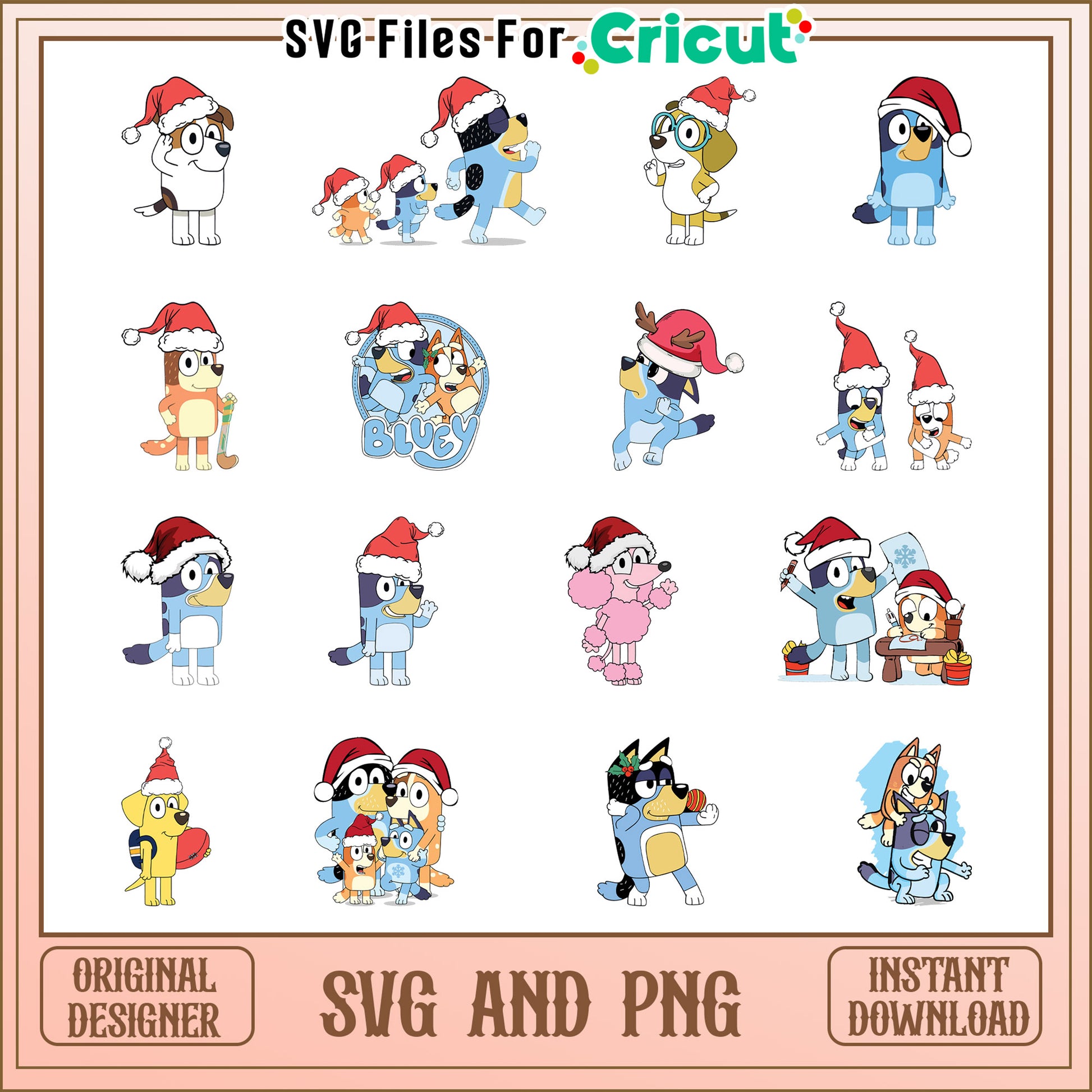 Bluey friends santa hat bundle svg, bluey christmas svg​, bluey svg