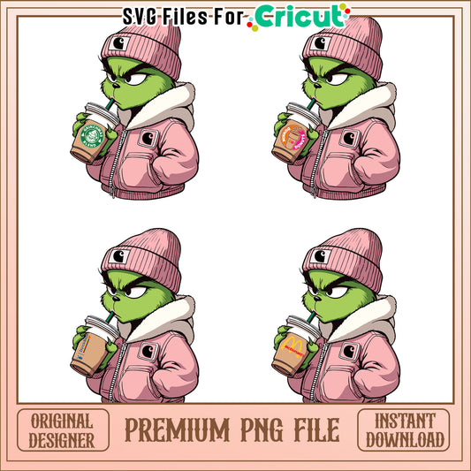 pink grinch girl drinking coffee bundle png, grinch coffee png