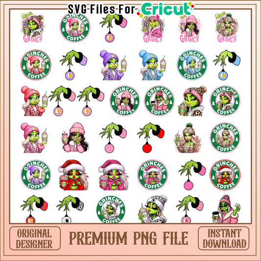 Grinches coffee christmas logo bundle png, grinch hand ornament​ png