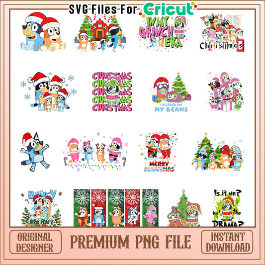 Bluey family christmas bundle png, bluey christmas png​