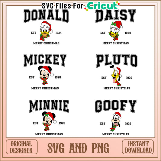 Mickey friends est merry christmas bundle svg, mickey and friends christmas clipart​