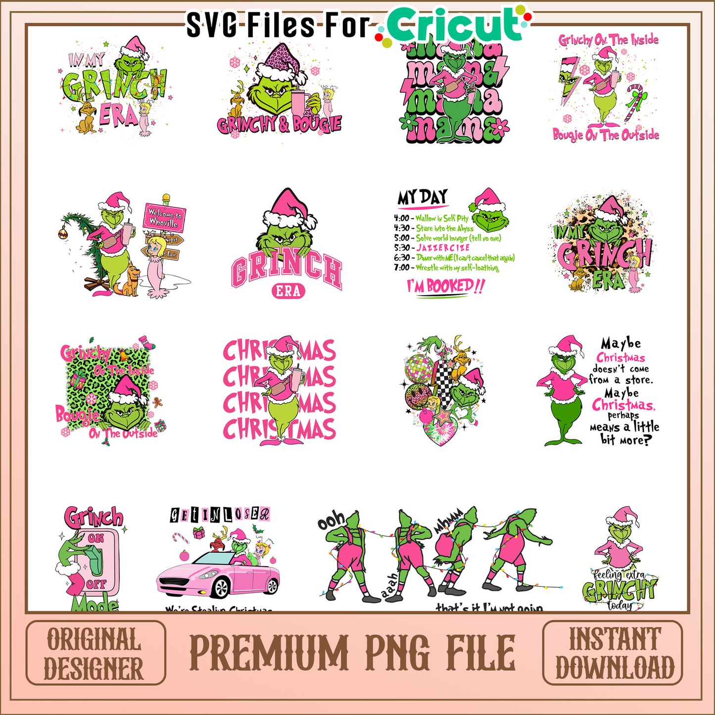 Grinch era christmas pink bundle png, grinch in santa hat​ png