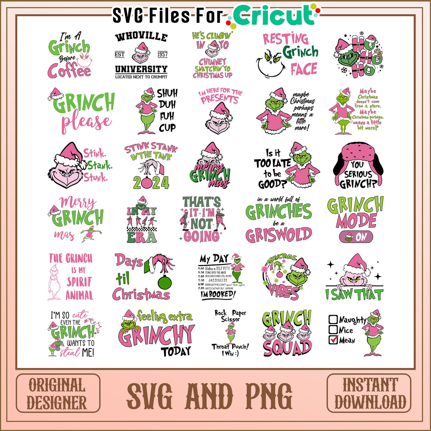 Grinch squad santa christmas pink bundle svg, grinch quotes svg