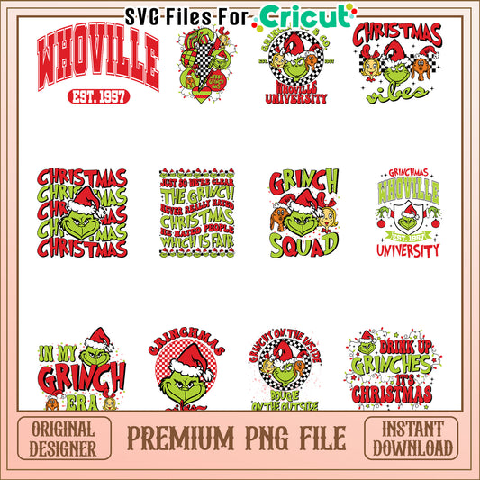 Grinch squad christmas santa bundle png, grinch in a santa hat​ png