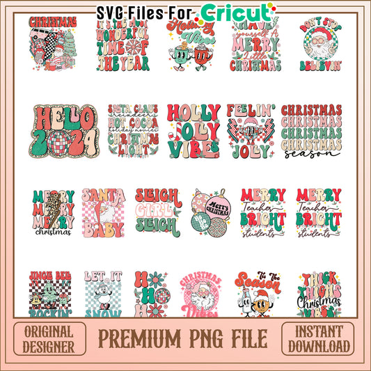 Retro santa christmas vibes bundle png, merrry christmas​ png