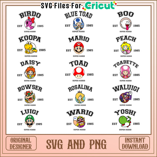 Super mario est 1985 design bundle svg, super mario cartoon​ svg