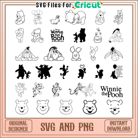 Winnie the pooh black white bundle svg, pooh characters​ svg