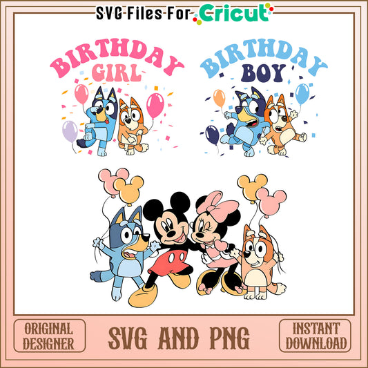 Mickey and bluey dog birthday bundle svg, ​mickey svg, bluey cartoon svg