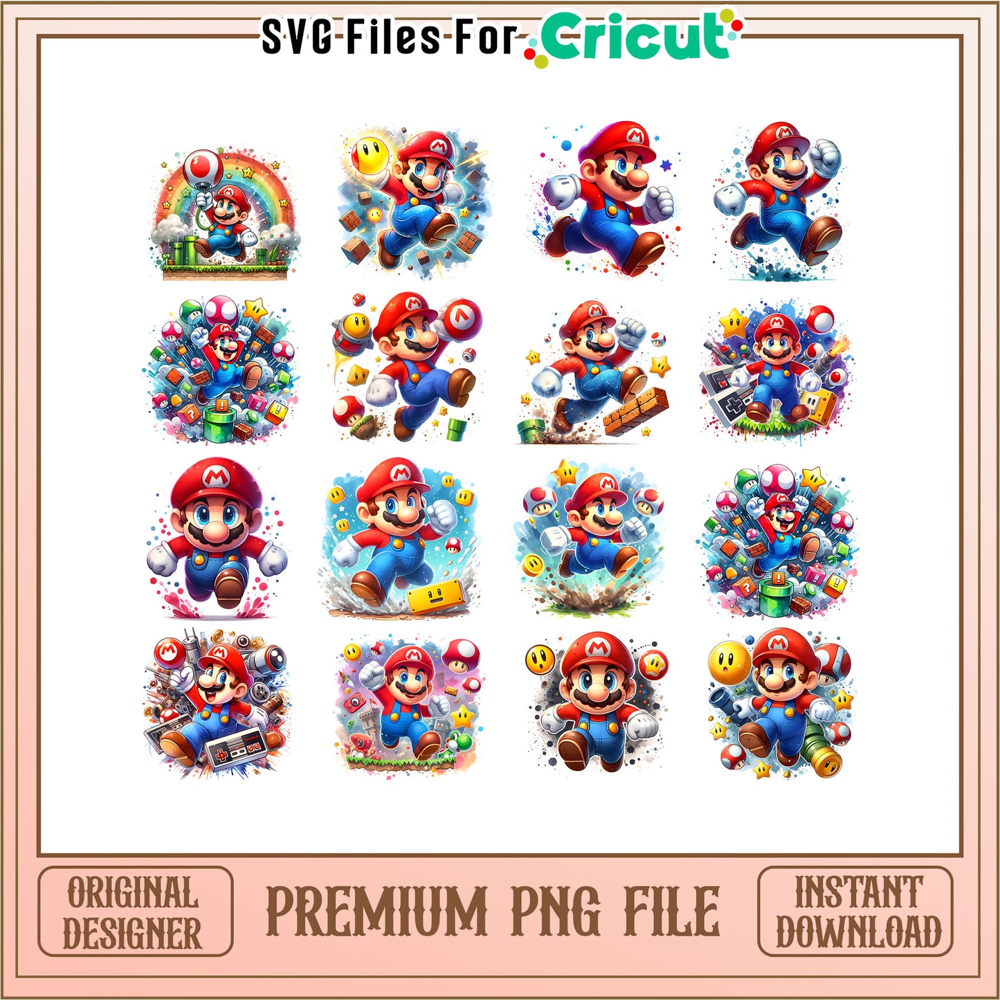 Mario watercolor bundle design png, super mario bros cartoon png