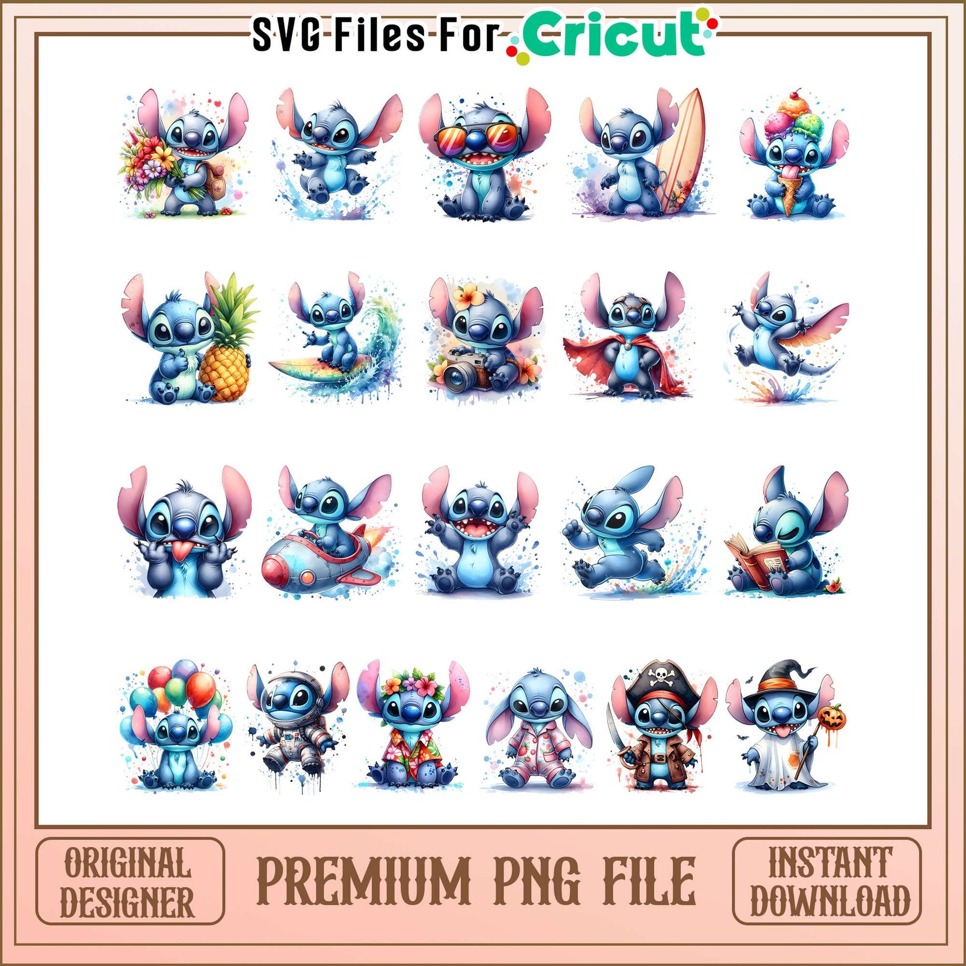 Stitch cartoon watercolor design bundle png, cartoon stitch​ png