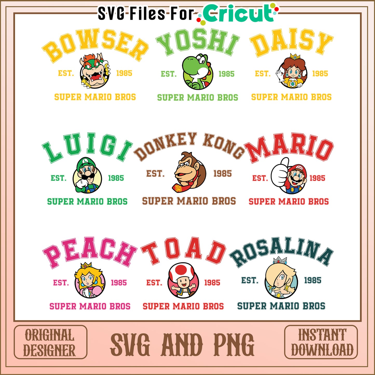 Bowser est 1985 super mario bors bundle svg, super mario cartoon​ svg