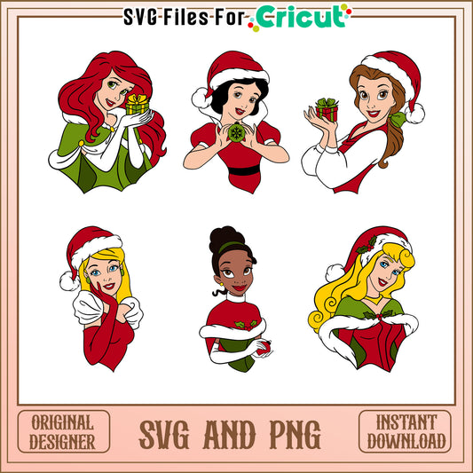 Disney princess santa hat bundle svg, christmas princess​ svg