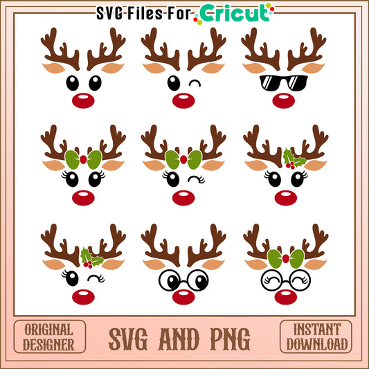 Christmas reindeer face bundle svg, christmas reindeer svg, christmas svg