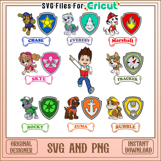 Paw patrol chase and friends bundle svg, paw patrol symbol​ svg