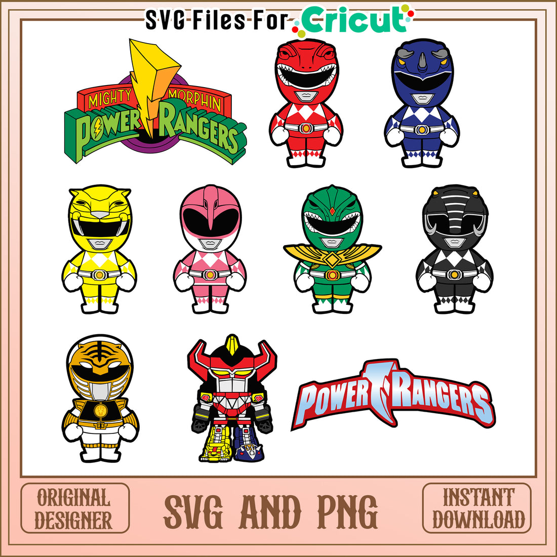 Power Ranger Cartoon Chibi Power rangers chibi bundle design svg, mighty morphin power rangers sv ...