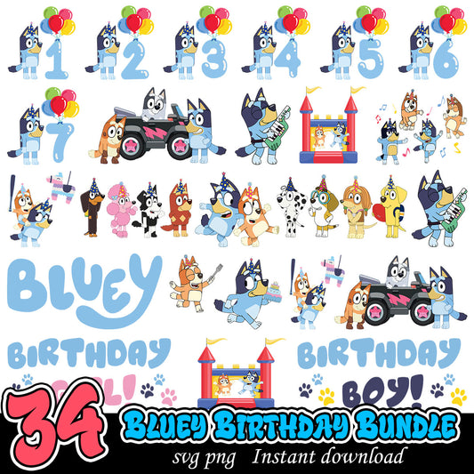 Bluey Birthday png, Bluey cartoon birthday png bundle