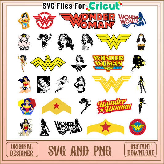 Wonder woman cartoon bundle design svg, wonder woman symbol​ svg