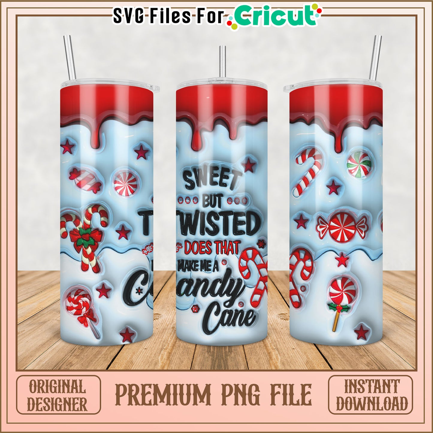 Candy Cane Tumbler PNG Sublimation Design