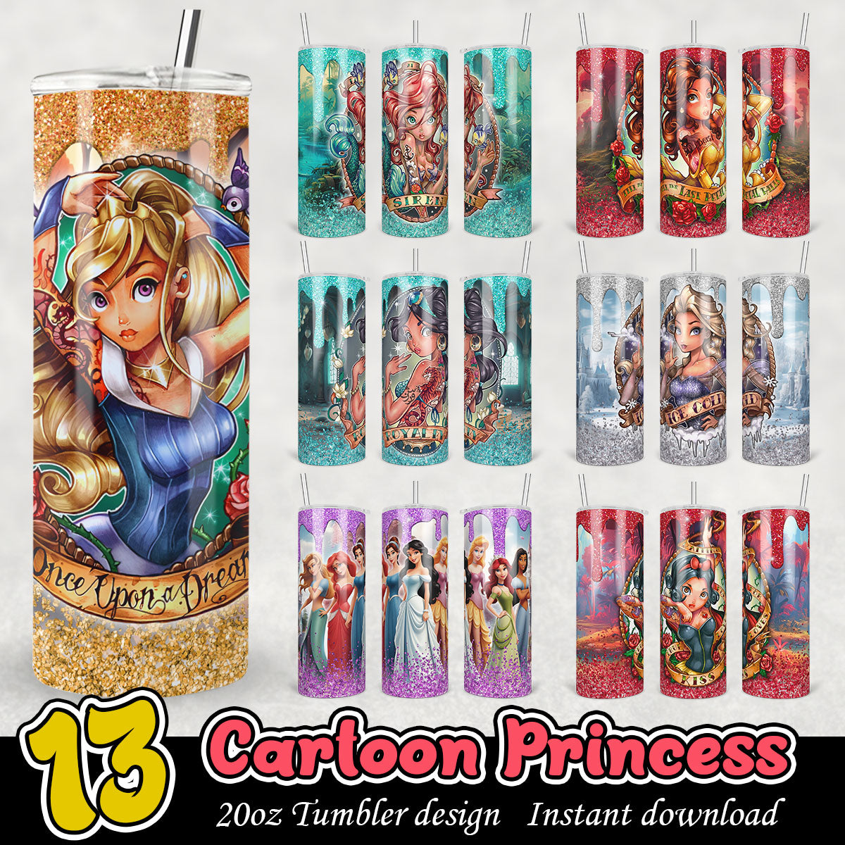 Cartoon Princess Tumbler Bundle, Sparkle Princess tumbler bundle