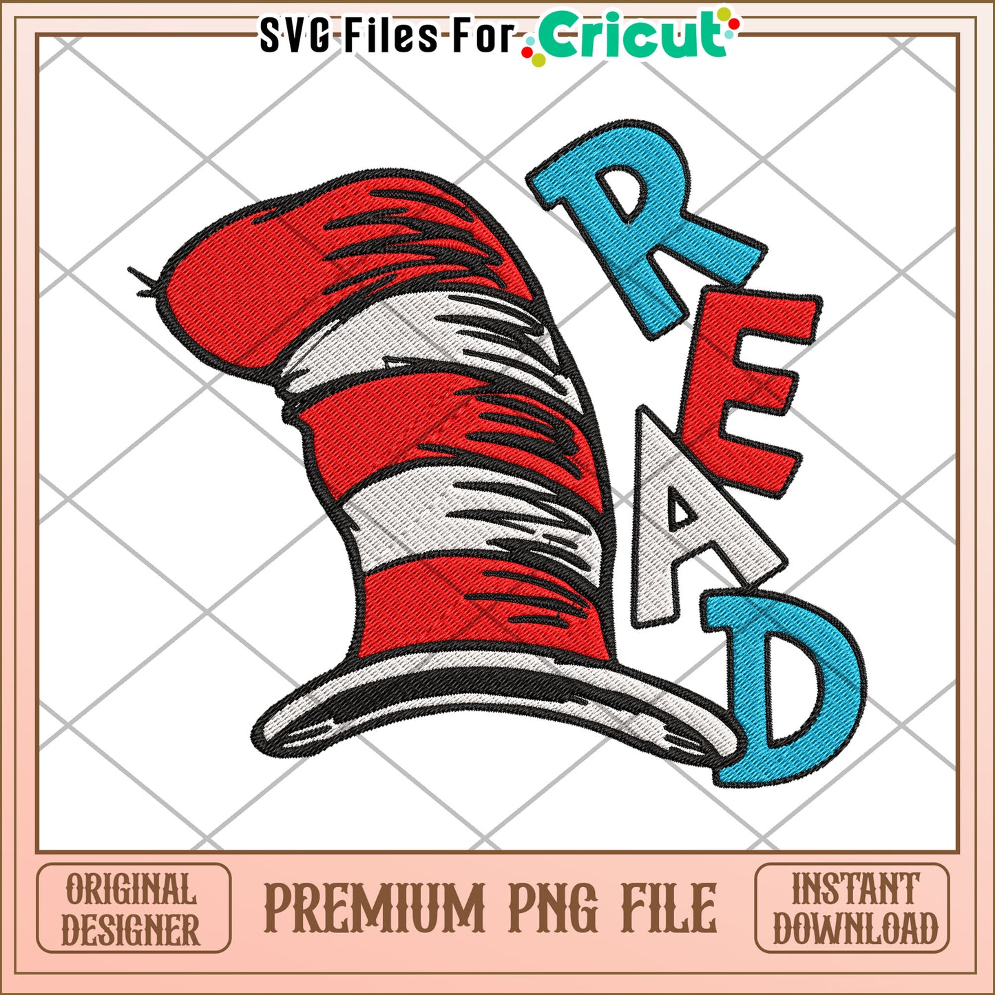 Cat in the Hat Read PNG Embroidery Design