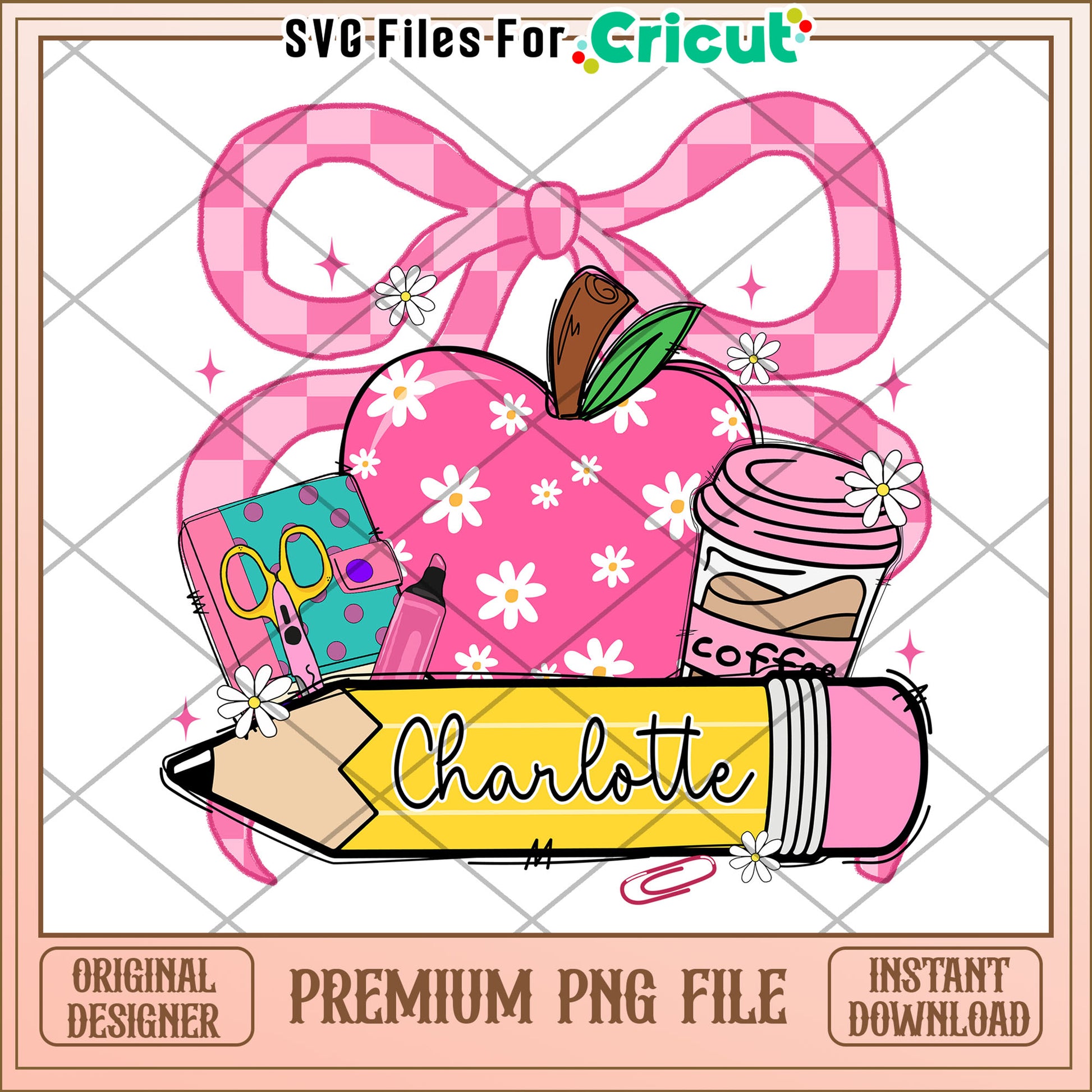 Charlotte cute design png, fun school essentials png, first day of school png