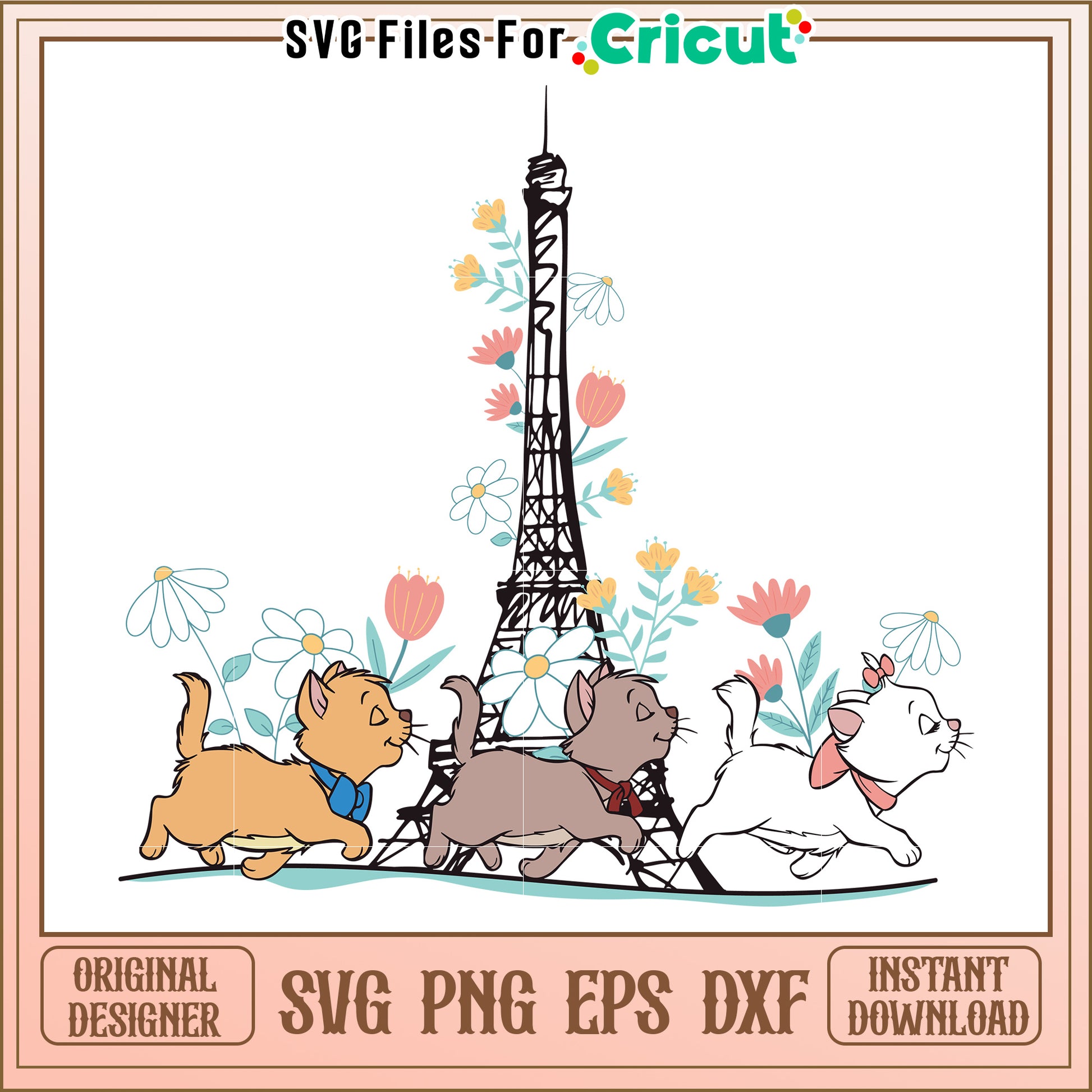 Charming Cat SVG Design with Eiffel Tower and Flowers