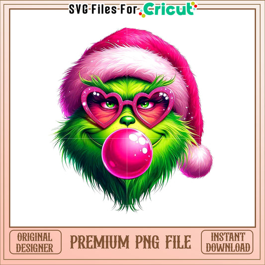Cheerful Grinch Icon with Bubble Gum and Santa Hat PNG Image