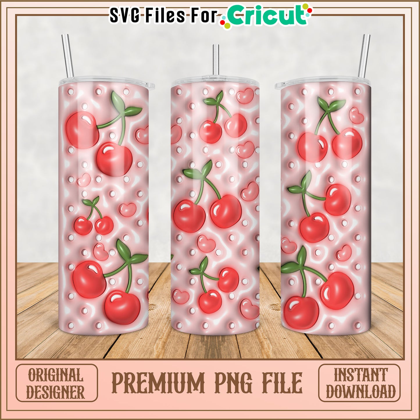 Cherry Pattern Tumbler PNG File for Cricut Craft Projects Download