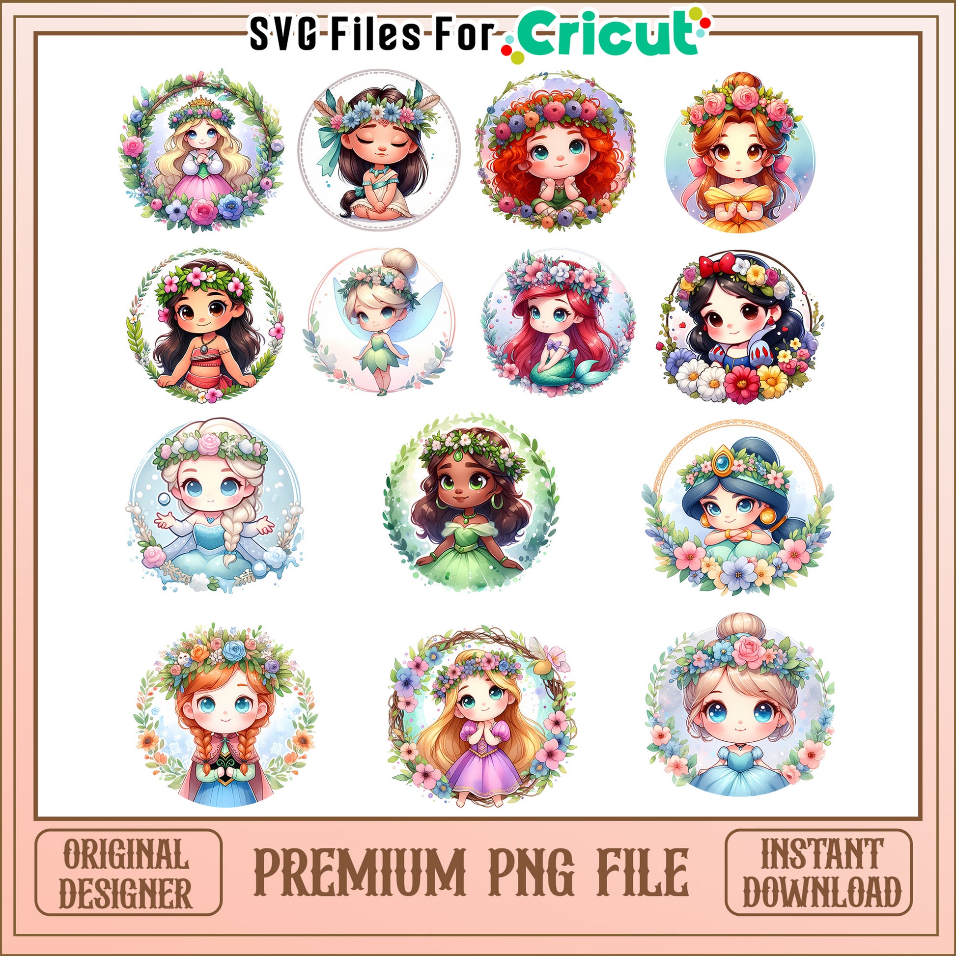 Disney princess chibi flower bundle png, disney princess​​ png