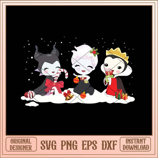 Chibi Disney Villains Maleficent Ursula Evil Queen Christmas svg, Christmas Disney witch svg