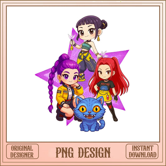 Chibi Kpop Girl Group PNG, Anime Girl Squad PNG, Blue Cat Clipart PNG