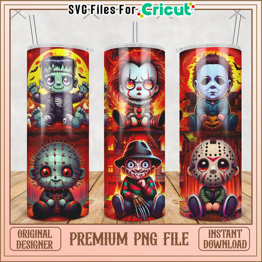 Chibi horror movie characters tumbler png, halloween cartoon png, halloween tumbler png