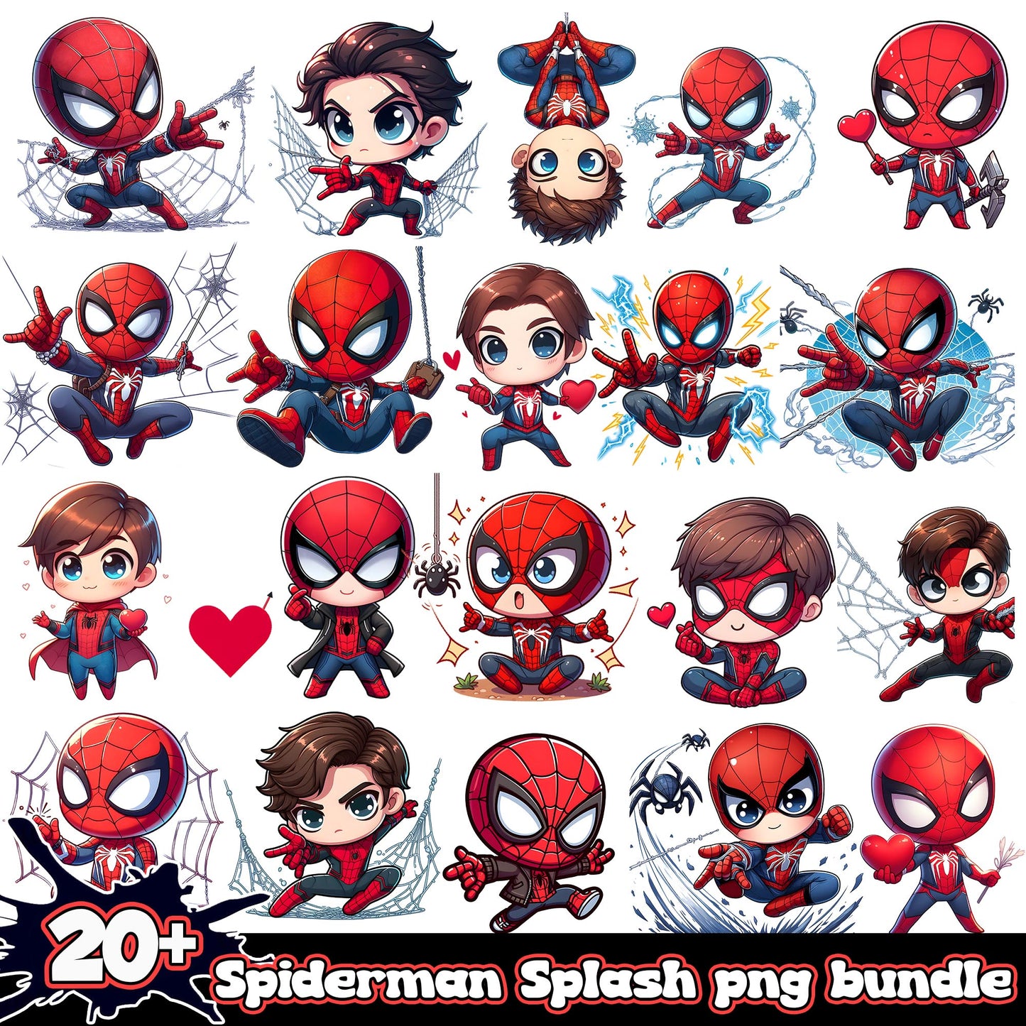Chibi spiderman design bundle png, cute chibi spiderman​ png