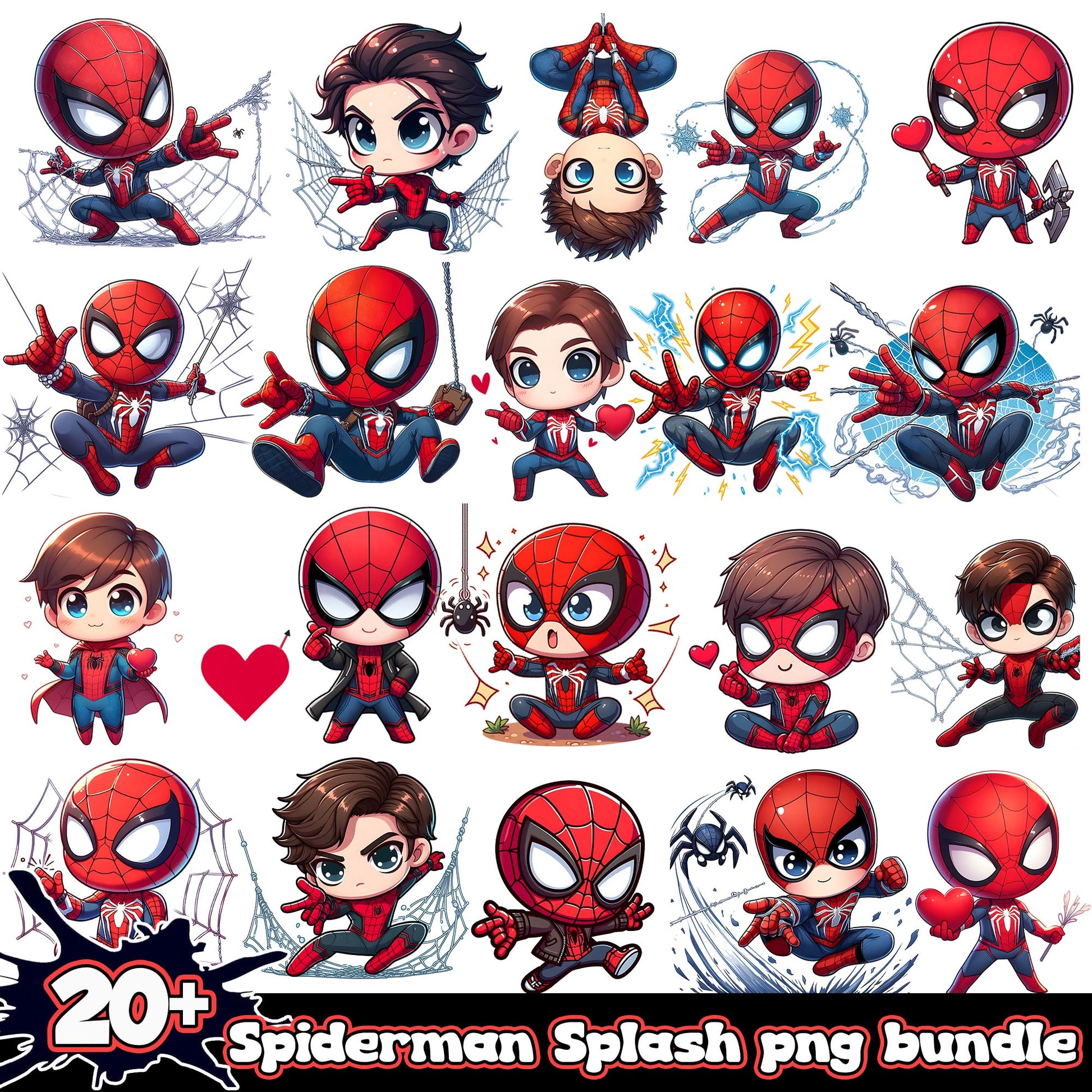 Chibi spiderman design bundle png, cute chibi spiderman​ png