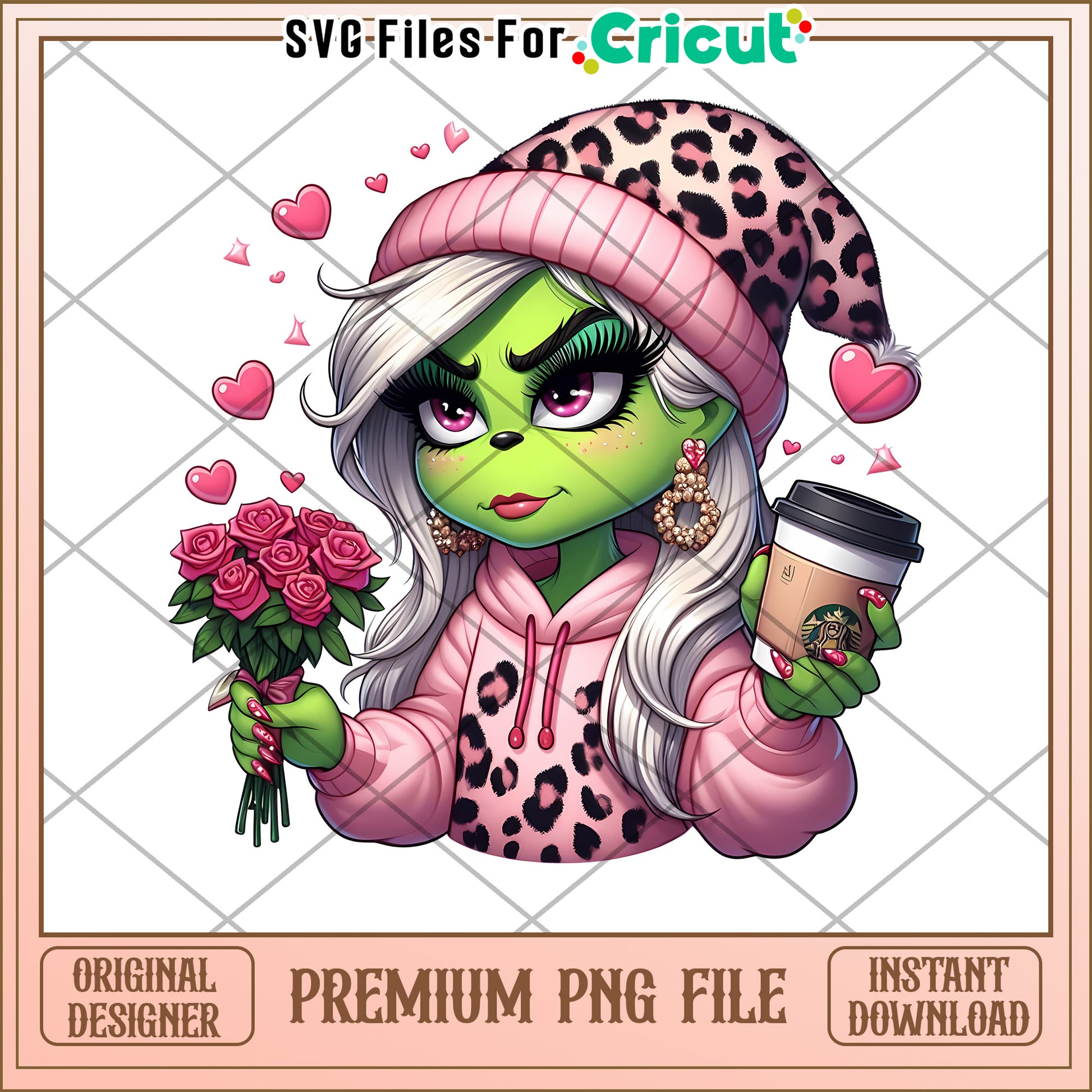 Chic Green Character with Flowers and Coffee PNG File