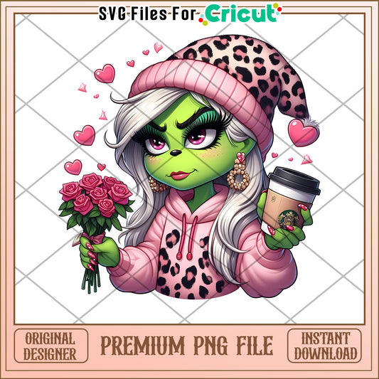 Chic Green Character with Flowers and Coffee PNG File