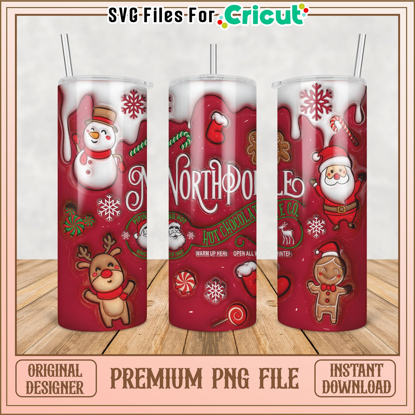 Christmas Themed Tumbler PNG with Santa and Holiday Elements