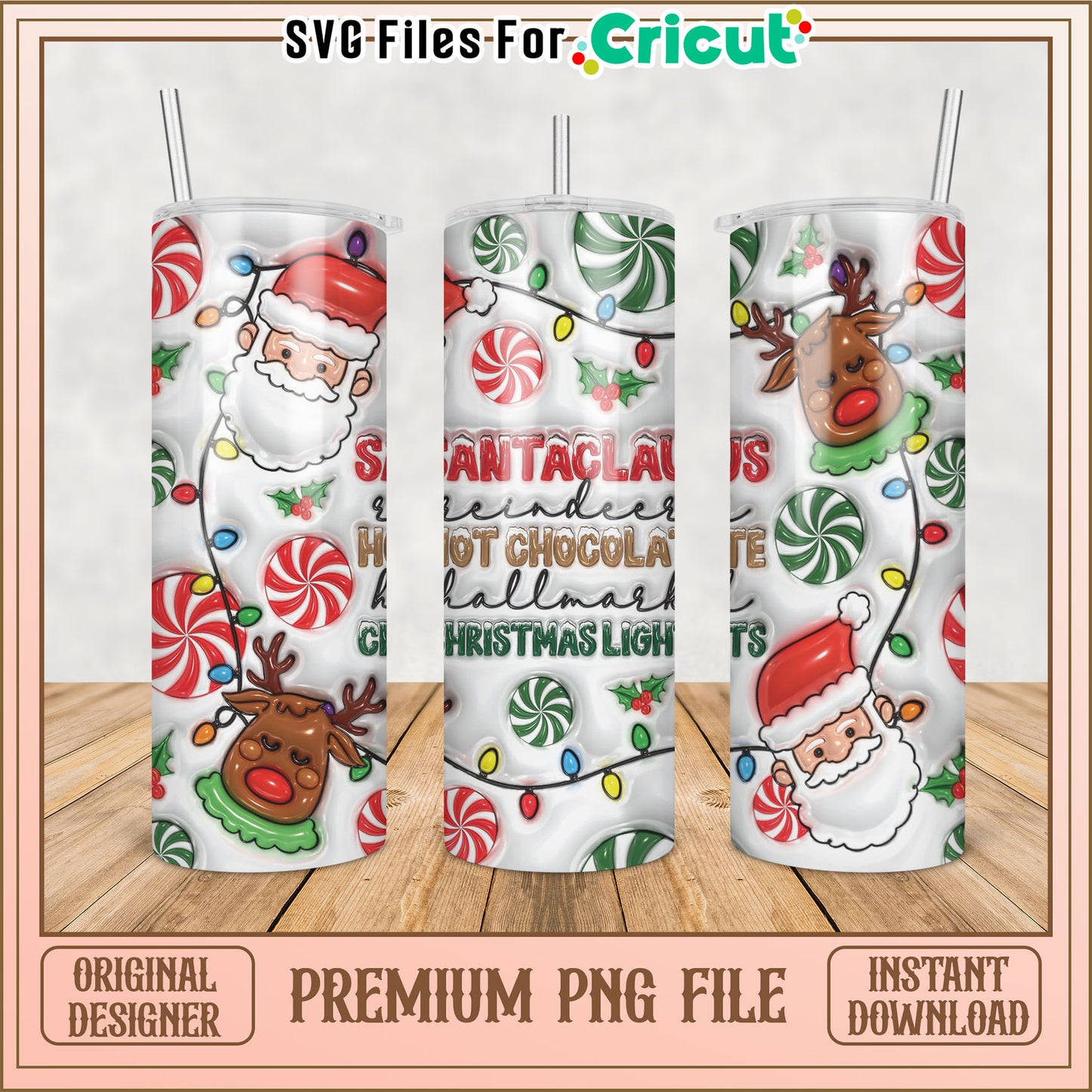 Christmas Tumbler Design PNG with Santa and Reindeer Illustration