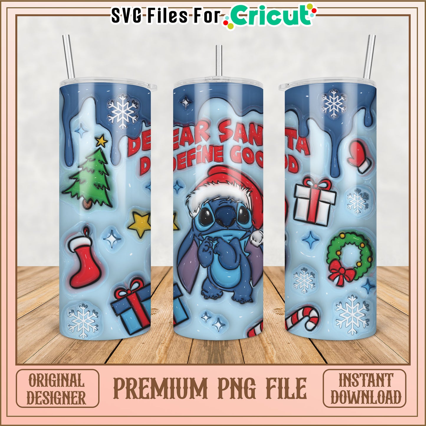 Christmas Tumbler Design with Stitch and Santa Theme PNG Download